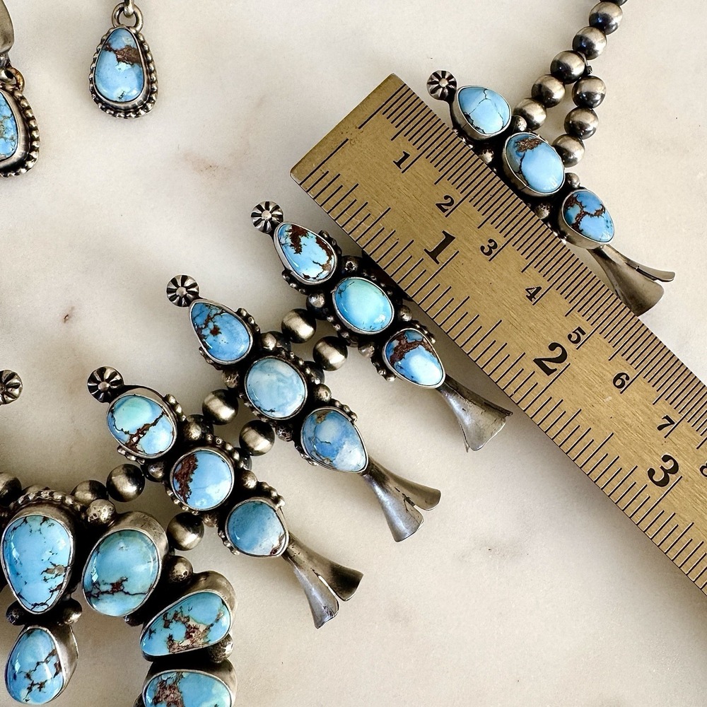 Navajo Squash Blossom Necklace Golden Hills Turquoise Signed Skeets Sterling - Picture 9 of 15